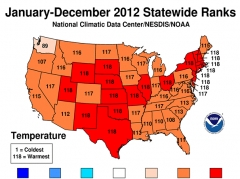 Historical temperature ranking for U.S. states in 2012. Bron: NCDC.